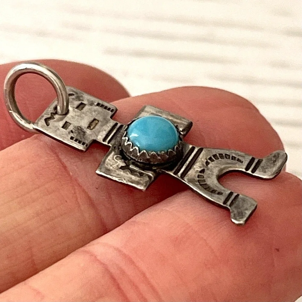 Tiny Navajo Dancer Turquoise Pendant Harvey Era Sterling Charm Native‎ VTG